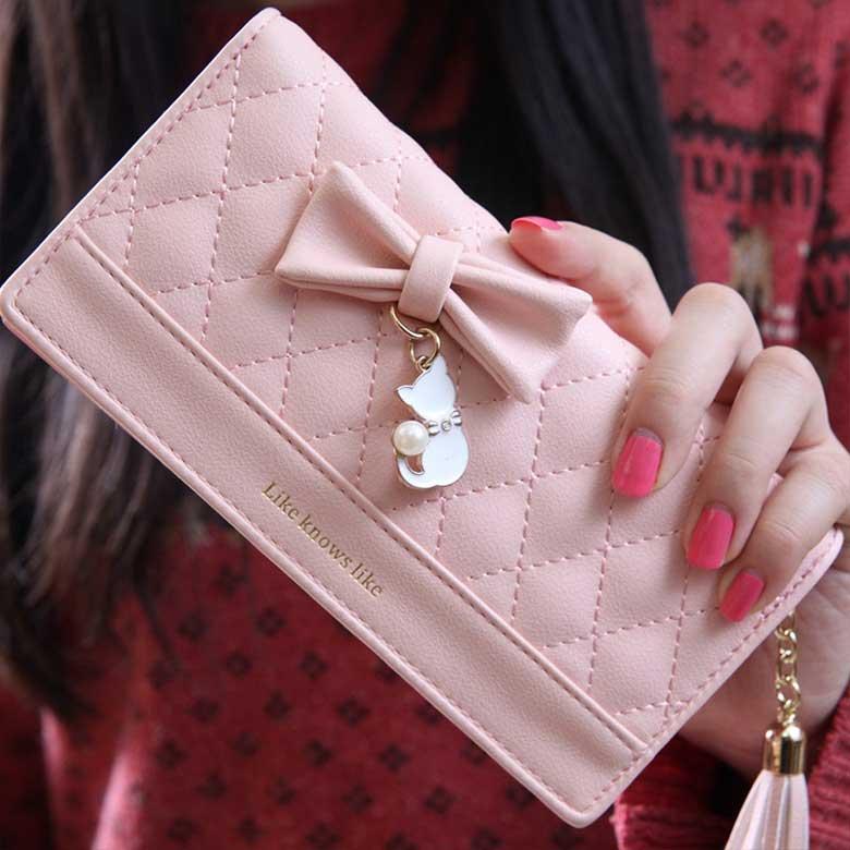 レディースファッション リボン結び猫パール装飾革女性長財布 長財布