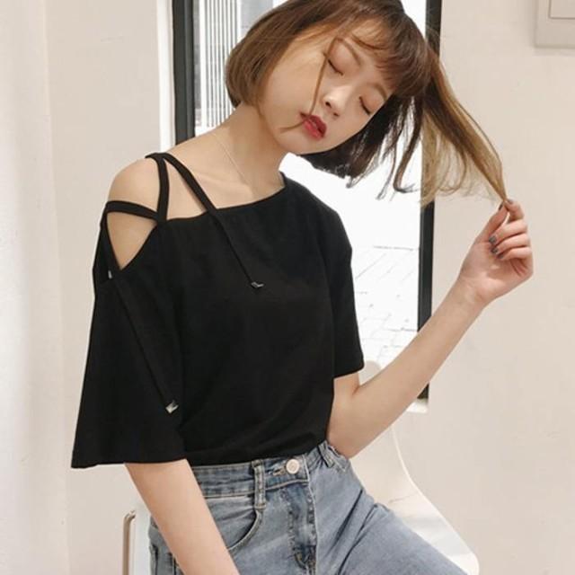 ワンショルダー トップス 半袖 レディース カットソー 肩開き オフショルダー トレンド 人気 韓国 ファッション プチプラ Panda Ko 通販 Yahoo ショッピング