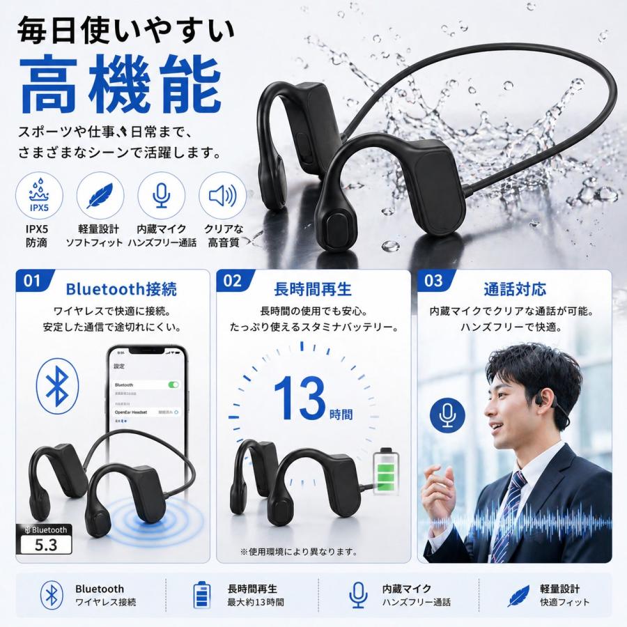 骨伝導 オープンイヤー イヤホン ワイヤレス Bluetooth5.3 耳をふさが