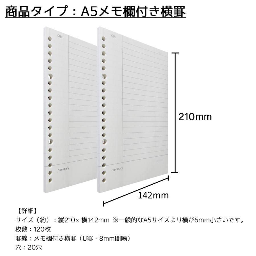 ルーズリーフ A5 20穴 リフィル 120枚 罫線 U罫 横罫 8mm 5mm方眼 