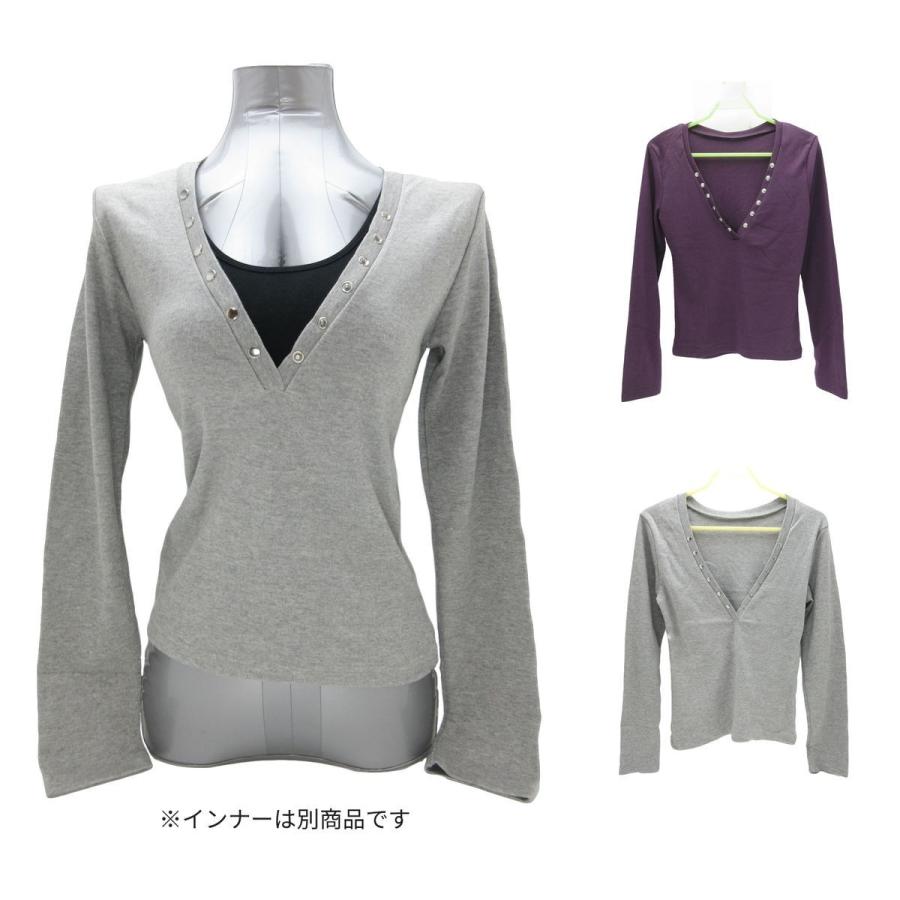 カットソー レディース Vネック 長袖 在庫処分 襟ぐりが深い 飾り
