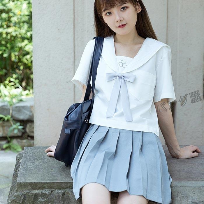 70％OFFアウトレット 可愛い学院風セーラー服 コスプレセーラー襟 女子制服 半袖 長袖 ミニスカート 素敵シルバー刺繍ロングリボン 学生服 