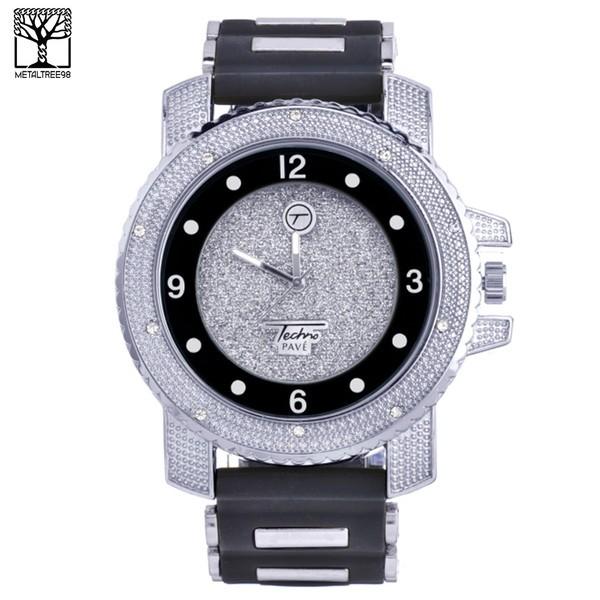 人気絶頂 Band Silicone Plated Silver Out Iced Men's パブ テクノ 腕時計 Techno SBBK 7758 WR Watch Heavy Pave 腕時計