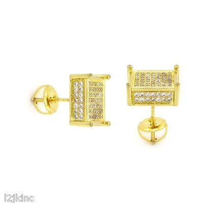 Cz Plated Gold 14k Mens ヒップホップ ジュエリー アメリカン スタッド イヤリング Micro 08SmootCube Earring Row 7 Out Iced Back Screw Pave イヤリング 早割クーポン！
