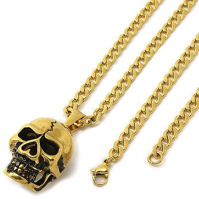 大注目 Crack Plated Gold Steel Stainless ヒップホップ ジュエリー アメリカン ネックレス チェーン Skull Chain Necklace Cuban 24" 4mm Pendant ネックレスチェーン