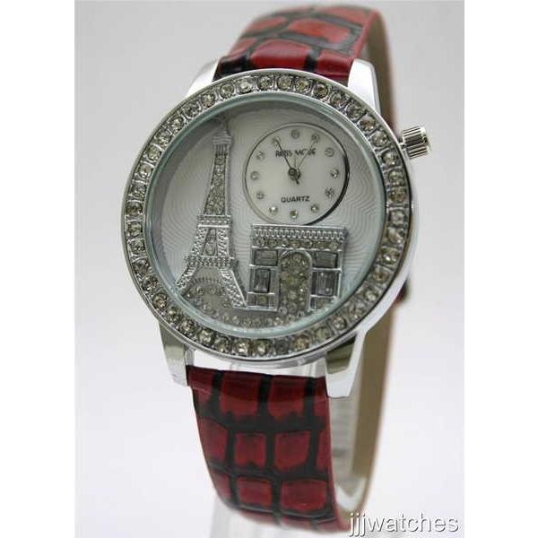 腕時計 海外セレクションParis Eiffel Tower ストーン 3D ダイヤル バーガンディ レザー バンド 腕時計 PET31 43ミリ