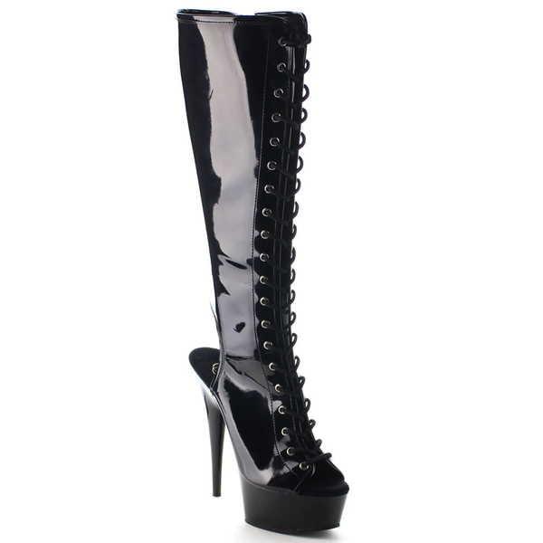 【70%OFF】 ブーツ シューズ 靴 プリーザー Pleaser レディース オープン ヒール Front Lace-Up Platform ニーハイ ブーツ DEライト-2016 BLACK PATENT/BLACK, DUSK 58e78c58