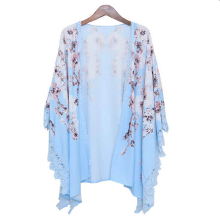 ゆったり カーディガン 女性用 おしゃれ レース 羽織り UVカット チュール 通気性   ブルーL