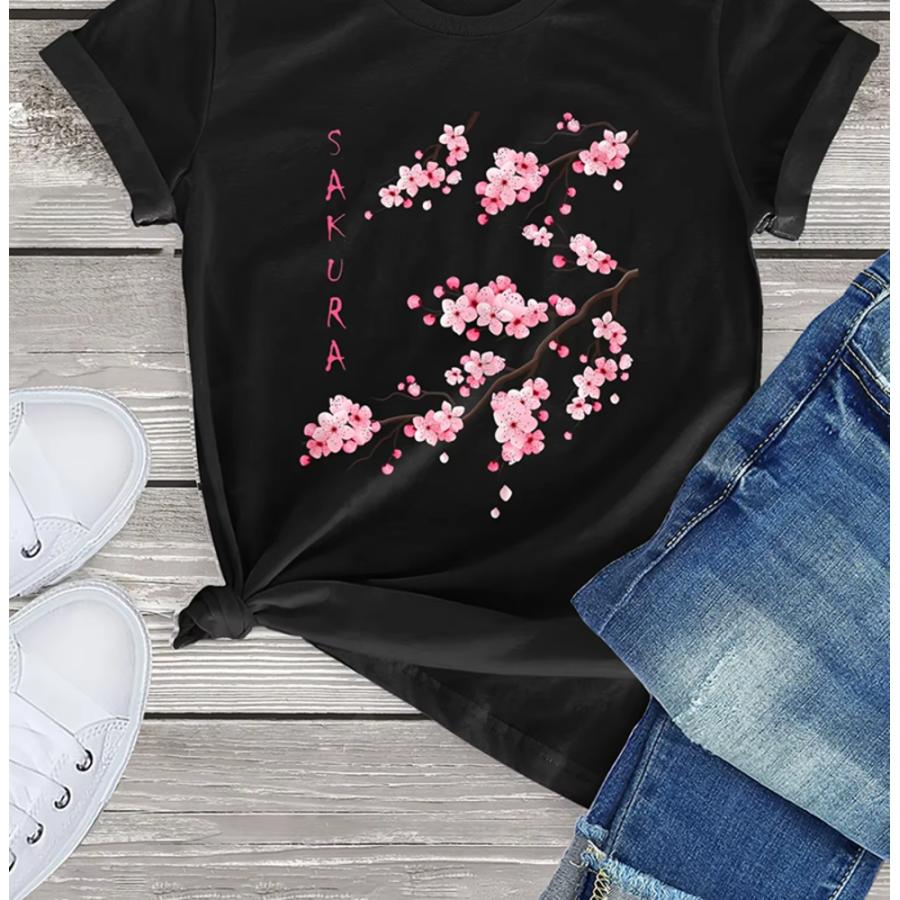 桜 プリントTシャツ カジュアル クルーネック 半袖 Tシャツ 和風 婦人服  M