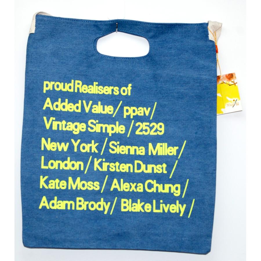 ショルダー 手提げ 両用 キャンバス バッグ エコバッグ 英字テキスト柄 デニム  青-黄文字