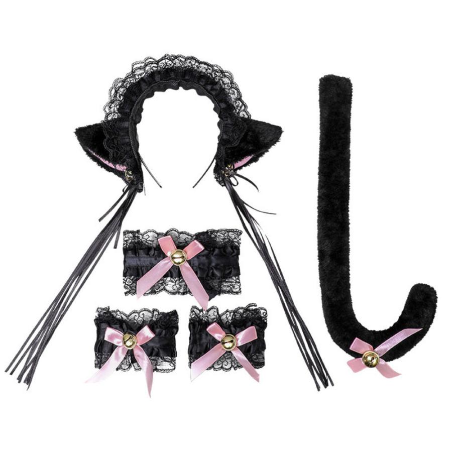 猫耳 カチューシャ 尻尾 チョーカー セット コスプレ かわいい ロリータ イベント 萌え 仮装 黒  黒