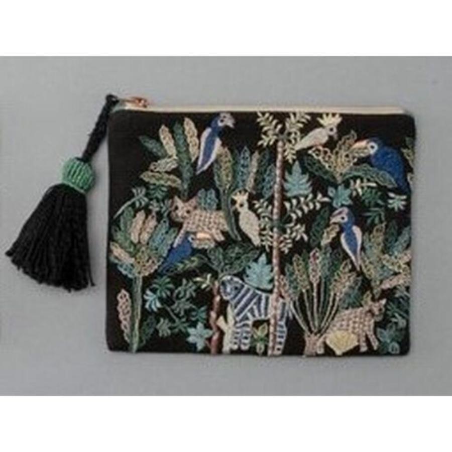 北欧 ポーチ 刺繍 化粧 旅行 小物入れ タッセル インド製 COTTAGE artipur 動物   黒