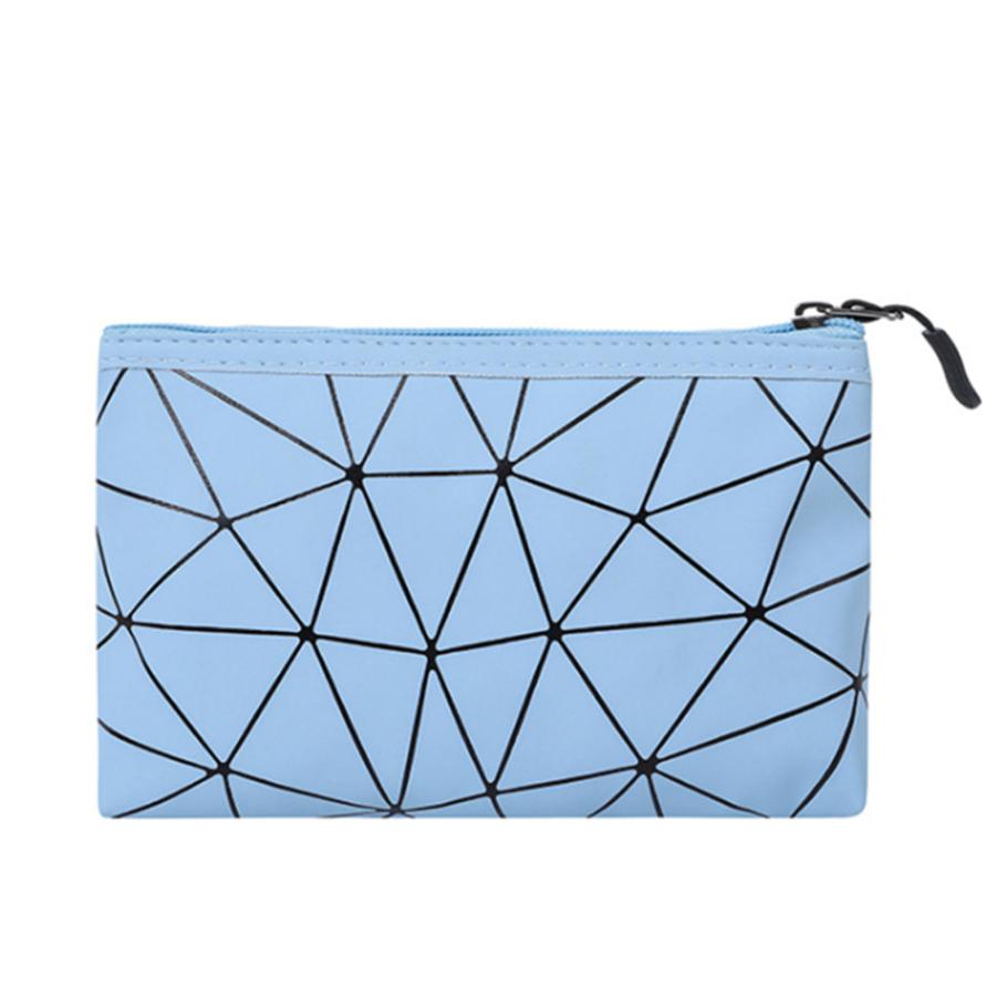 ポーチ 小物入れ おしゃれ 幾何学模様 ブルー PUレザー 軽量 薄型 フラットポーチ   ブルー