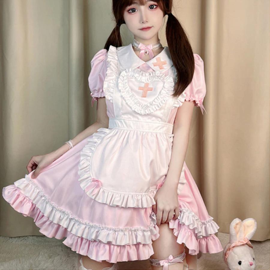 メイド服 ハロウィン 十字架 コスプレ 衣装 フリル ロリータ ミニスカ ハロウィン かわいい 地雷 ピンク