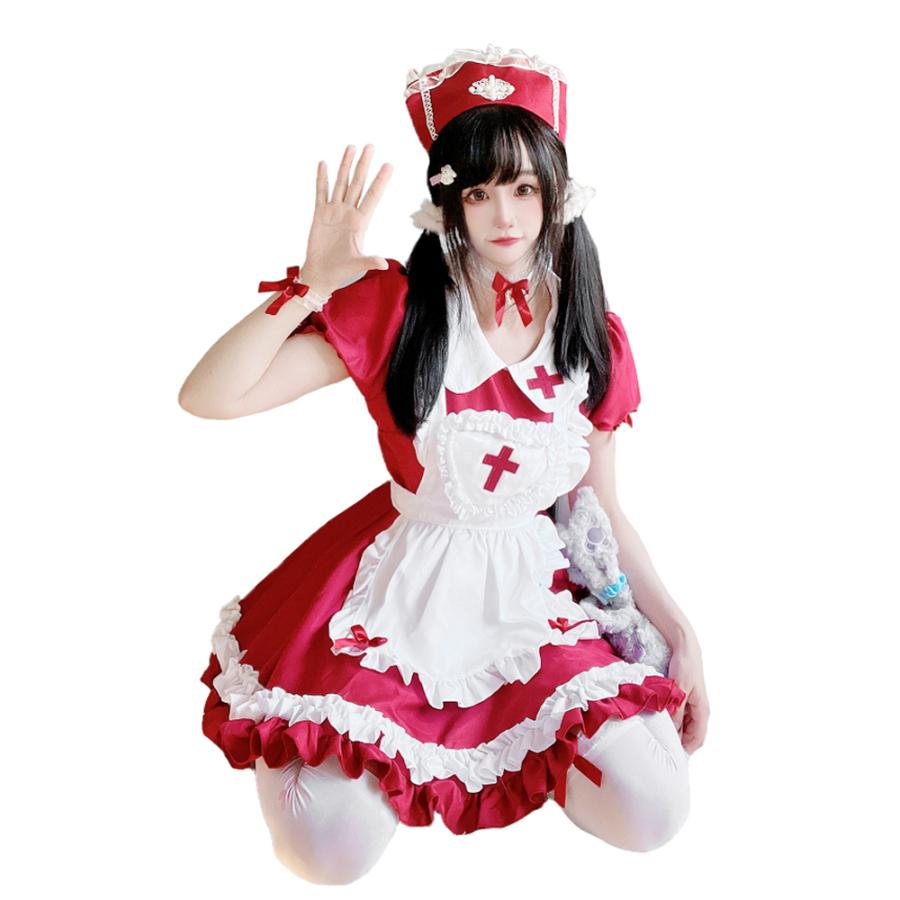 ハロウィン 仮装 大人 女性 ナース メイド服 コスプレ 衣装 十字架 フリル ロリータ シスター  赤