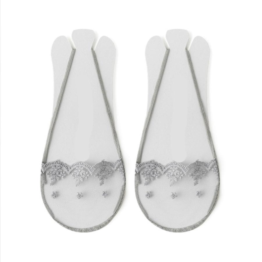 靴下 レース シースルー ソックス ヒール 2足セット 脱げない靴下 レース 綿 グレー