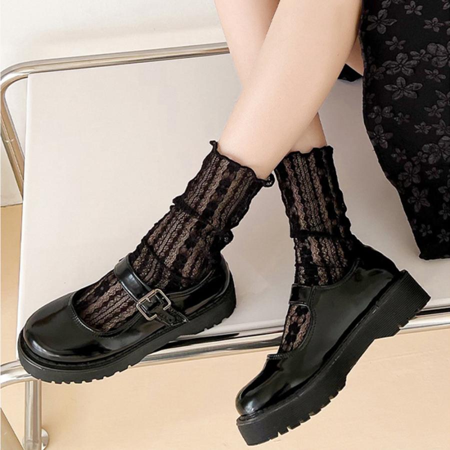 レディース 靴下 おしゃれ 可愛い レース 透け感 ショート丈 発表会 ソックス   ブラック