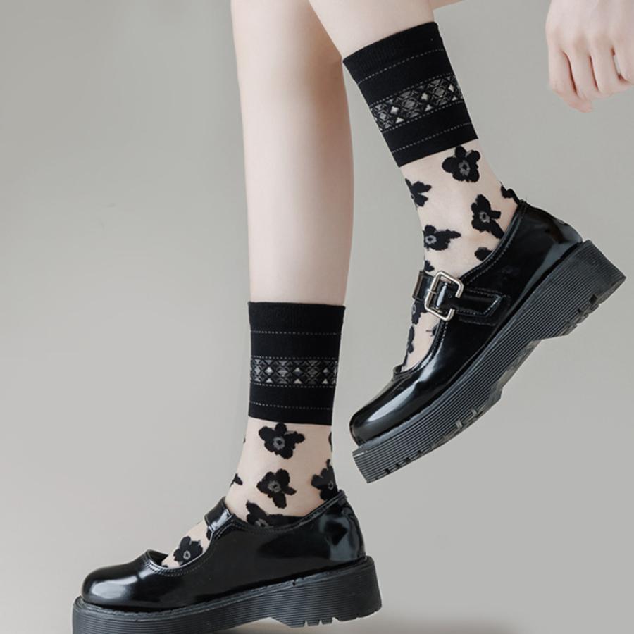 レディース おしゃれ 可愛い レース 花柄 ショート丈 靴下 ソックス フリル   ブラック