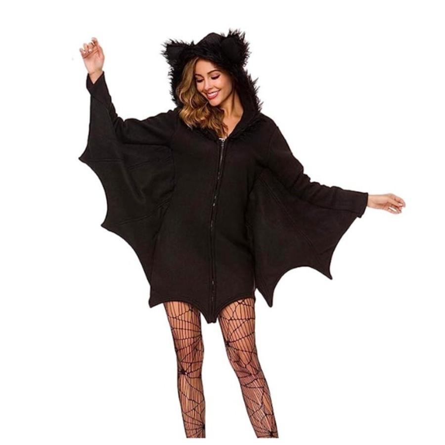 ヴァンパイア 吸血鬼 コウモリ コスプレ衣装+タイツ 2点セット マント フード付き コスチューム ハロウィン ブラック ホラー 仮装 演出 学園祭 M