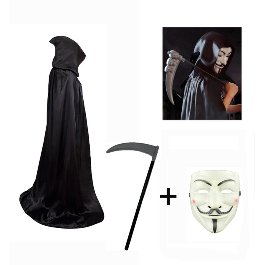 ハロウィン 死神 鎌 コスプレ 衣装 アノニマス マスク ローブ フード 魔術師 カルト 中世 司祭  150cm