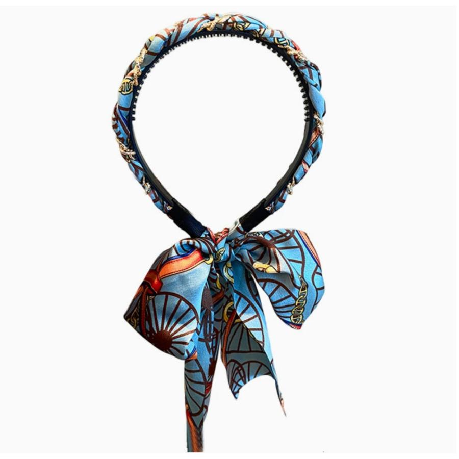 スカーフ カチューシャ ヘアバンド シュシュ付き ヘアアクセサリー レディース ブルー 髪飾り ブルー