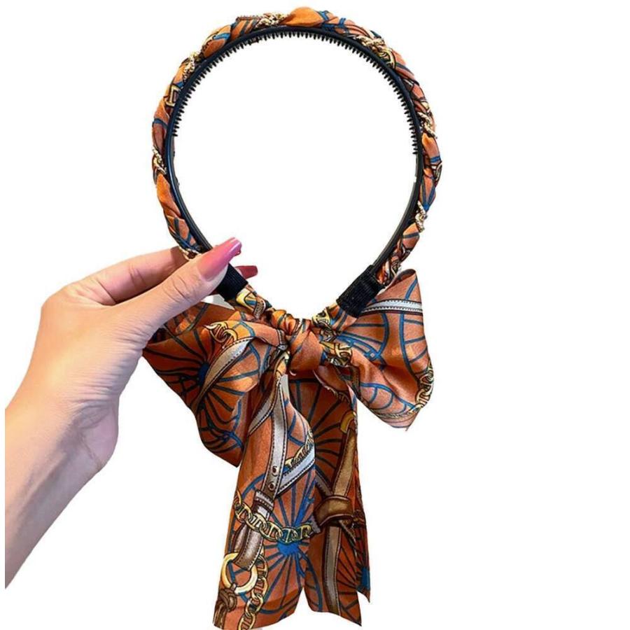 スカーフ カチューシャ ヘアバンド シュシュ付き ヘアアクセサリー レディース ブラウン 髪飾り ブラウン