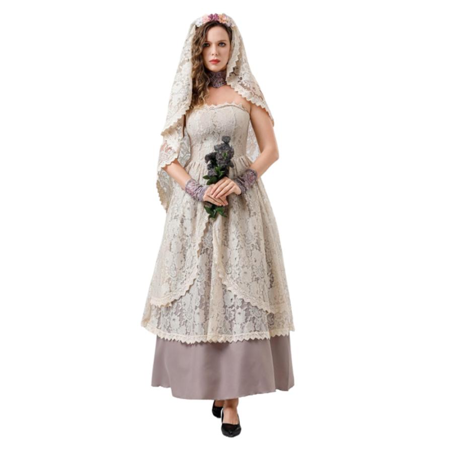 ドレス ハロウィン コスプレ 忘年会 学園祭 レースワンピース ベール 舞台演出 中世花嫁ドレス ヴィク  M
