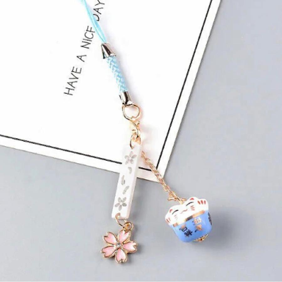 招き猫 スマートフォンストラップ iPhone 桜 猫 キーホルダー お守り ギフト プレゼント  青