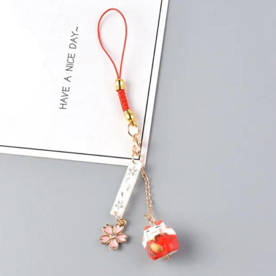 招き猫 スマートフォン ストラップ さくら 桜 猫 キーホルダー お守り ギフト 赤