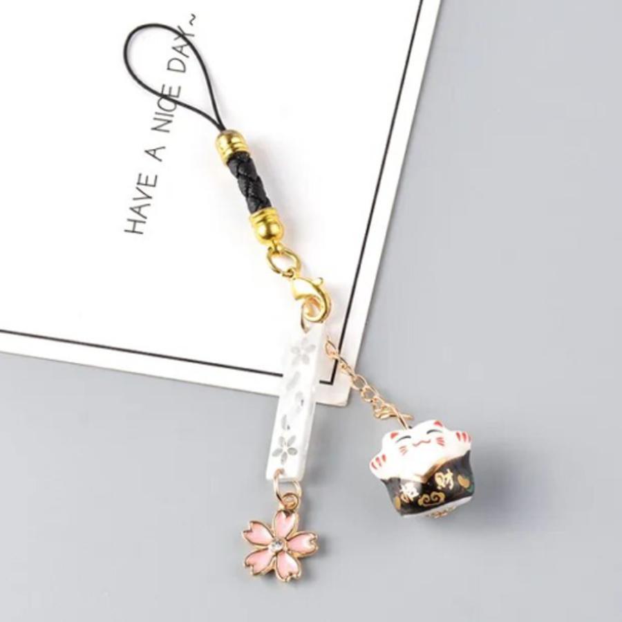 招き猫 スマートフォンストラップ iPhoneストラップ さくら 桜 猫 キーホル ブラック