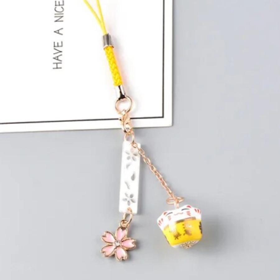 招き猫 スマートフォンストラップ iPhone 桜 猫 キーホルダー お守り ギフト プレゼント 黄