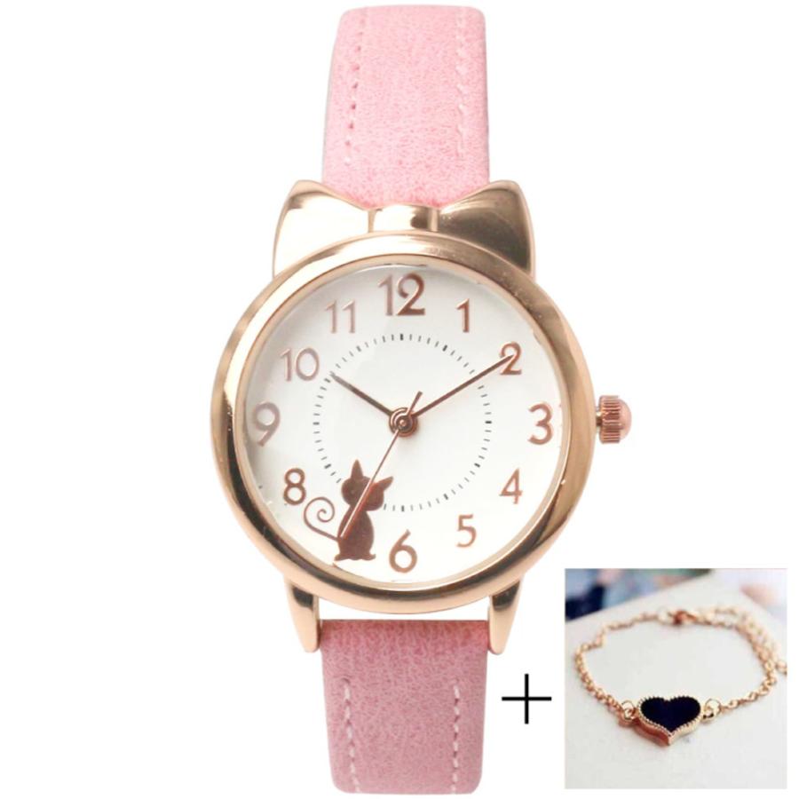 子供用腕時計 女の子 キッズウォッチ こども 猫耳 ネコ クォーツ カジュアル レザー   ピンク