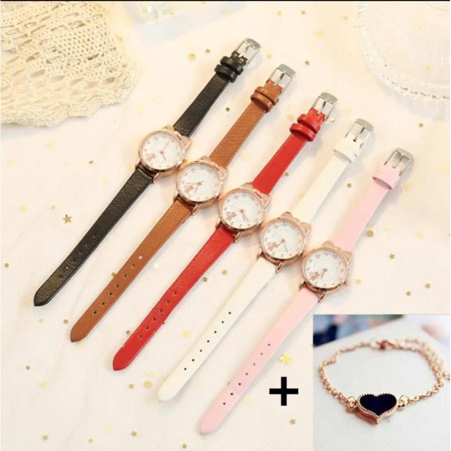 子供用腕時計 女の子 キッズウォッチ こども 猫耳 ネコ クォーツ プレゼント クリスマス レッドセット