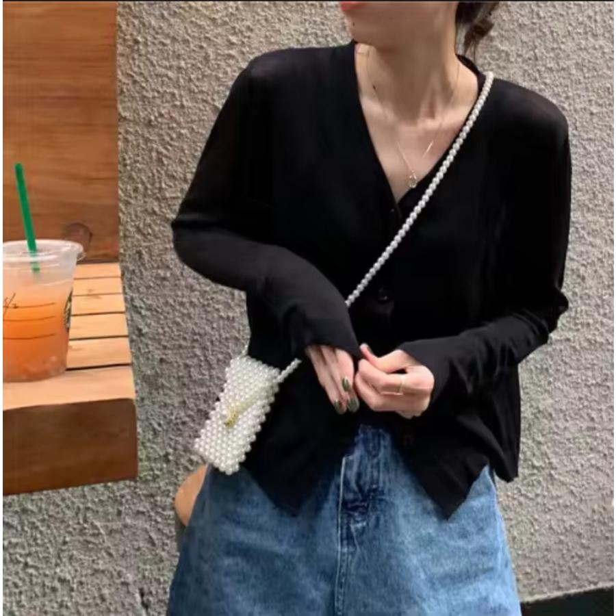 レディース サマーニット セーター Vネック カーディガン 日焼け止め シアー  ブラック