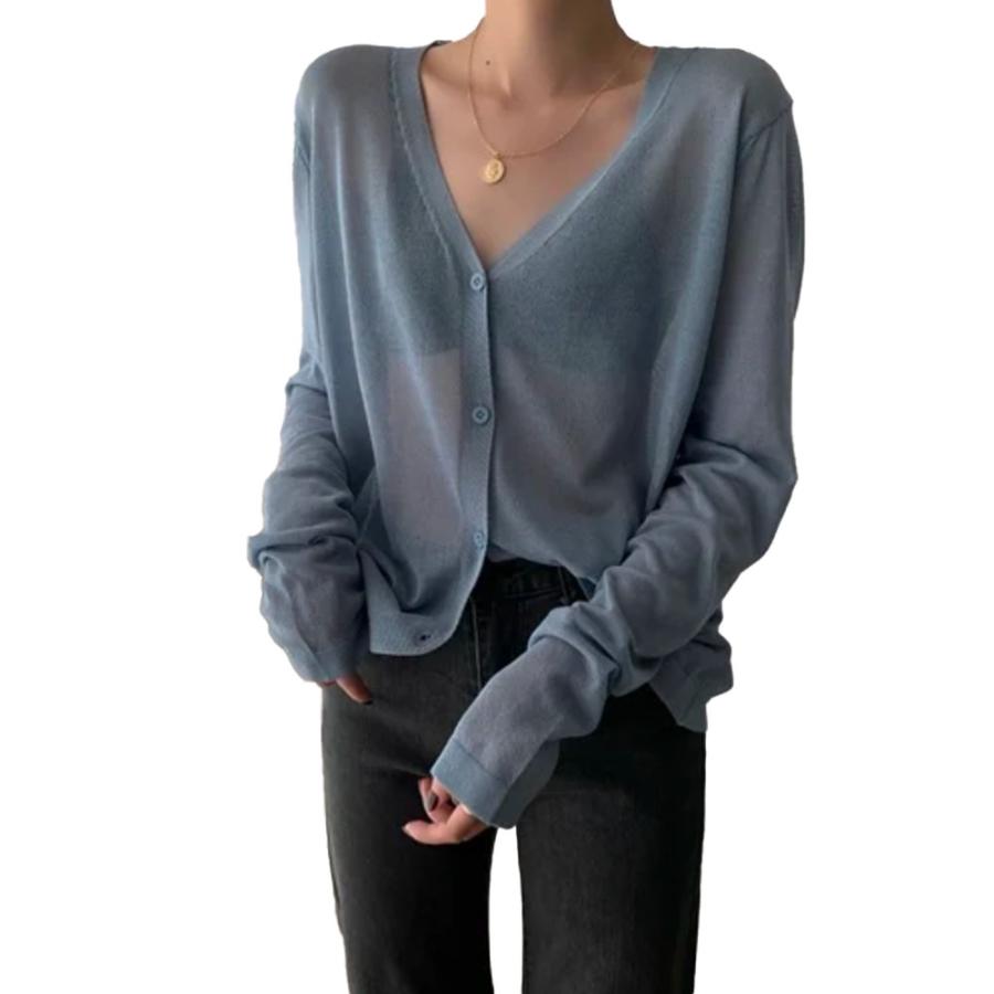 レディース サマーニット セーター Vネック カーディガン 日焼け止め シアー ブルー