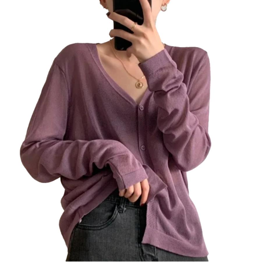 レディース サマーニット セーター Vネック カーディガン 日焼け止め シアー  パープル