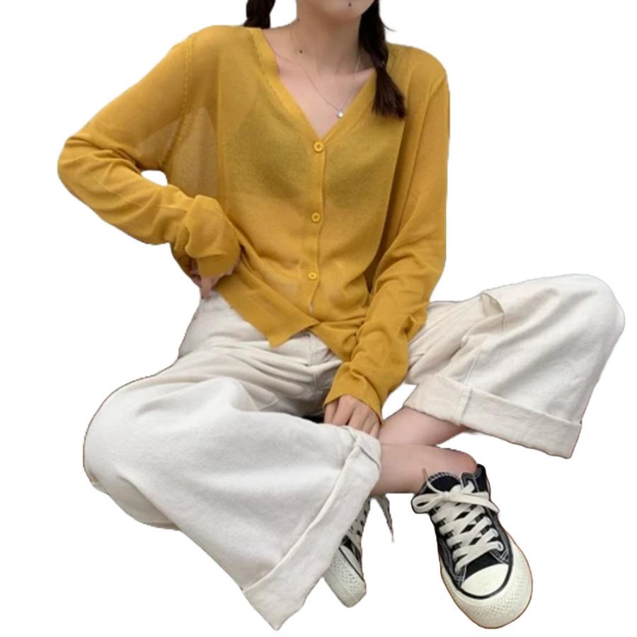 レディース サマー 長袖 ニット セーター Vネック カーディガン 日焼け シアー  イエロー