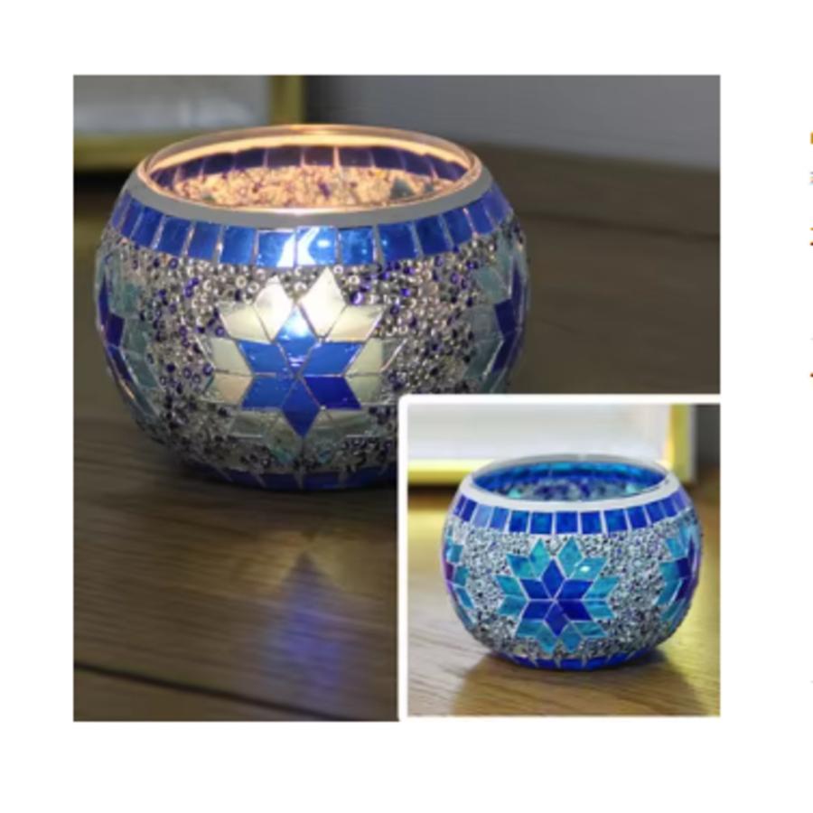 キャンドルホルダー  ガラス燭台  カラー スノーフレーク モザイク  雪 結晶 模様 癒し 青