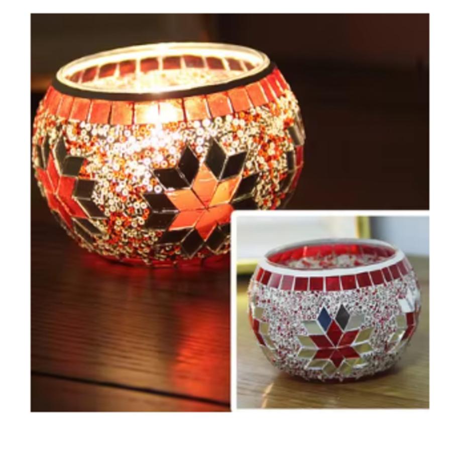 カラー スノーフレーク モザイク ガラス燭台 雪 結晶 模様 癒し キャンドル  赤