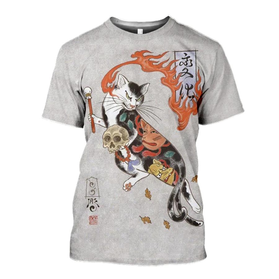 武士 猫侍 3Dプリント Tシャツ メンズ 半袖 冷感 和風 レトロ 和柄 浮世絵 猫 サムライ  31501