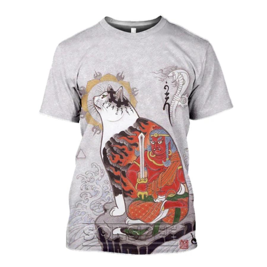 武士 猫 侍 3Dプリント Tシャツ メンズ 半袖 冷感 和風 レトロ 和柄 浮世絵 サムライ   31507