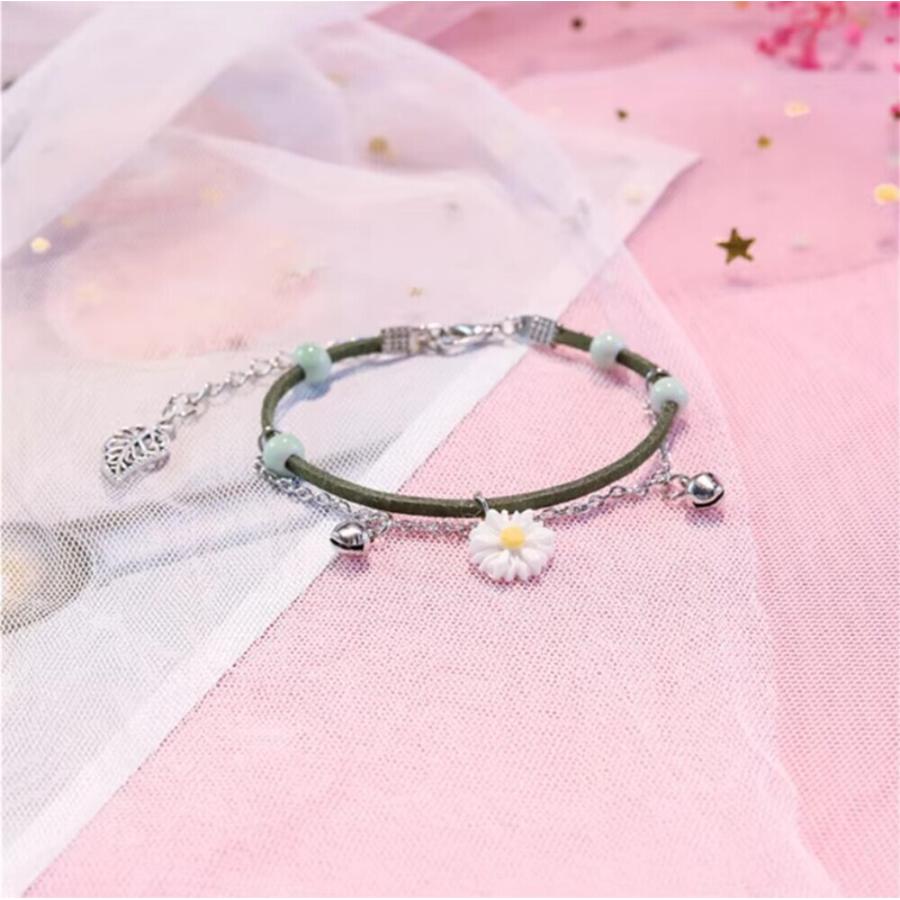 ブレスレット 花 おしゃれ アクセサリー 細見え マーガレット チャーム 花 女の子  グリーン