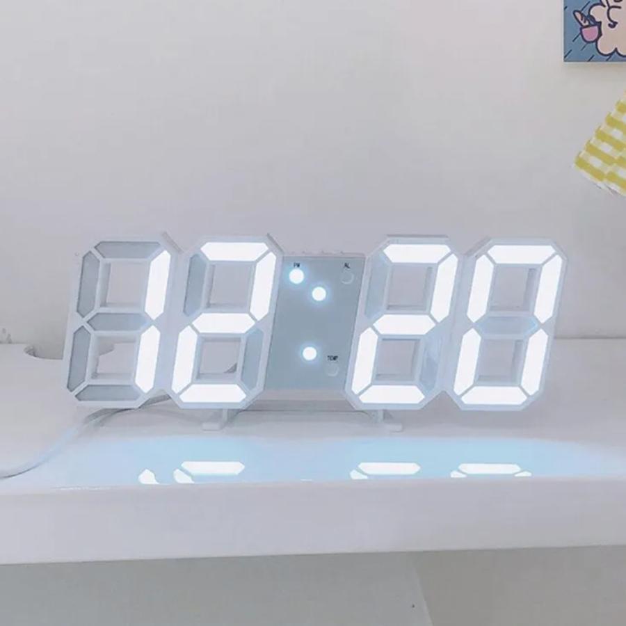 3D デジタル LED時計 壁掛け時計 置時計 おしゃれ 目覚まし アラーム 温度 日付表示 装  Whtie