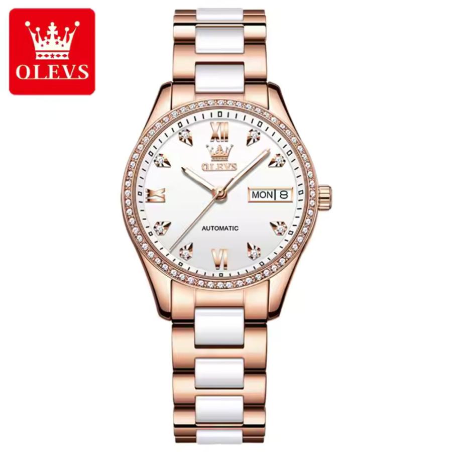 レディース ホワイト かわいい 防水 女性用 クリスタル セラミック 腕時計 機械  ホワイト