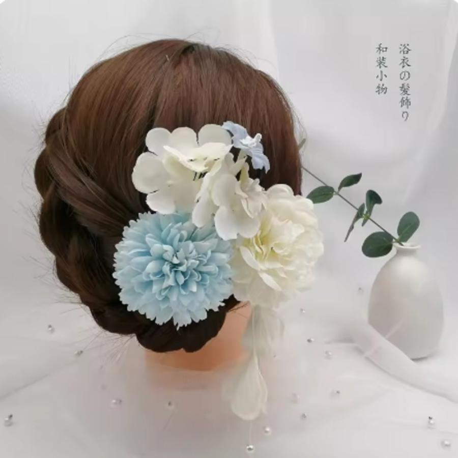 可愛い 花 パール リボン 卒業式 和風 着物 成人式 七五三 夏祭り ヘアアクセサリ  ブルーA