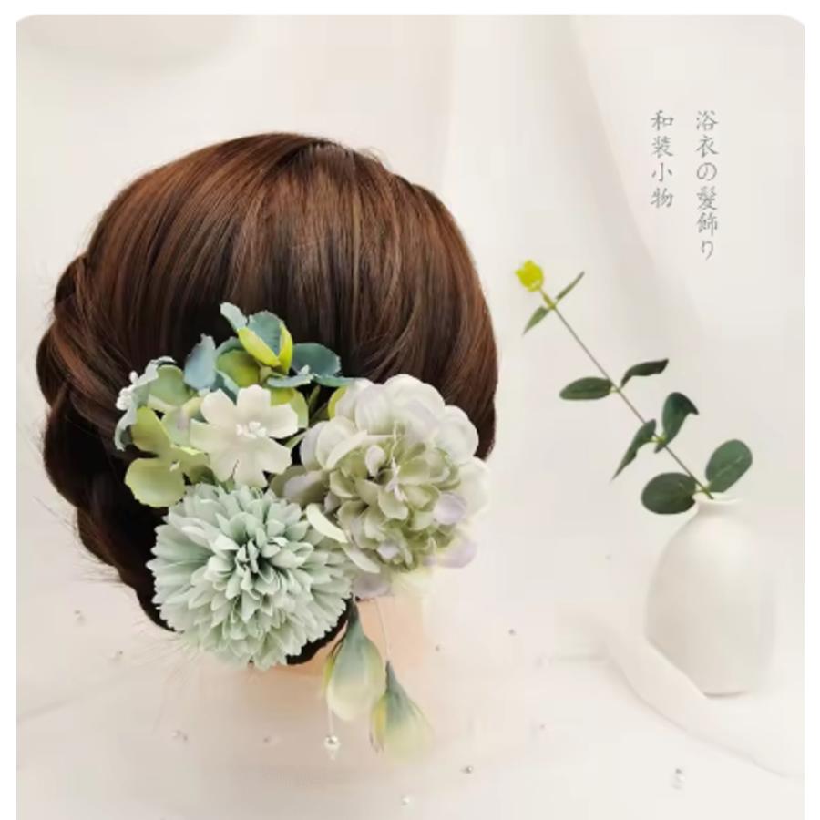 可愛い 花 パール リボン 卒業式 和風 着物 成人式 七五三 夏祭り ヘアアク  グリーンA