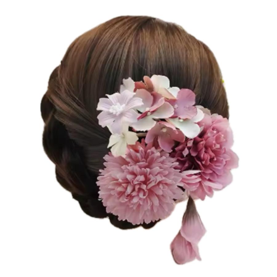 可愛い 花 パール リボン 卒業式 和風 着物 髪飾り 成人式 七五三 夏祭り ヘアアクセサリ  ピンクA