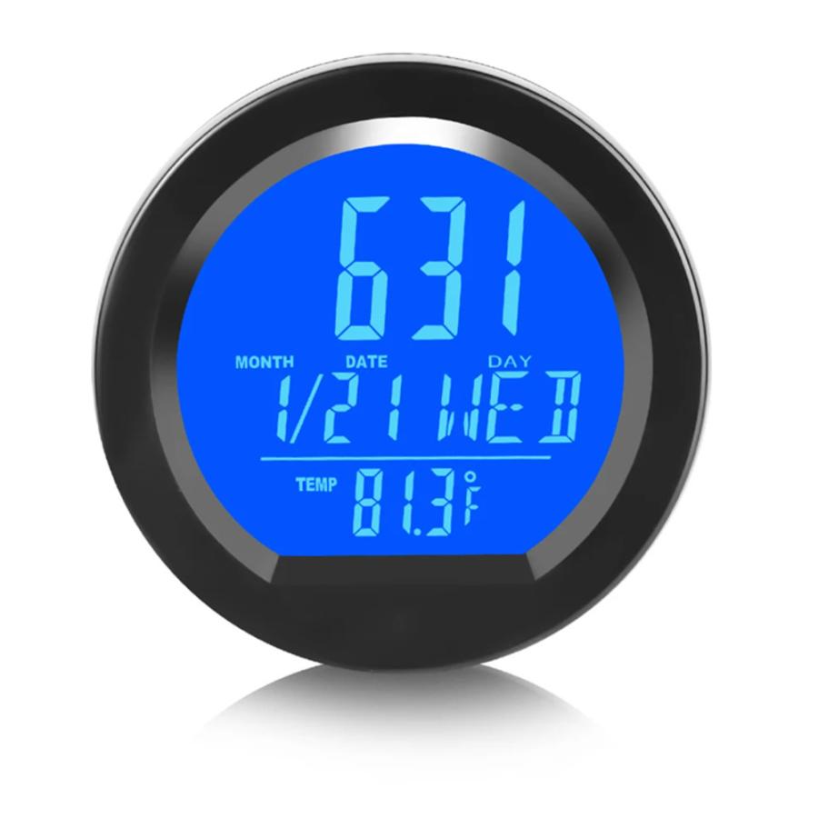 ソーラー充電 デジタルクロック 温度計付き 多機能 卓上時計 車用 カレンダー ボタン電池併用 青