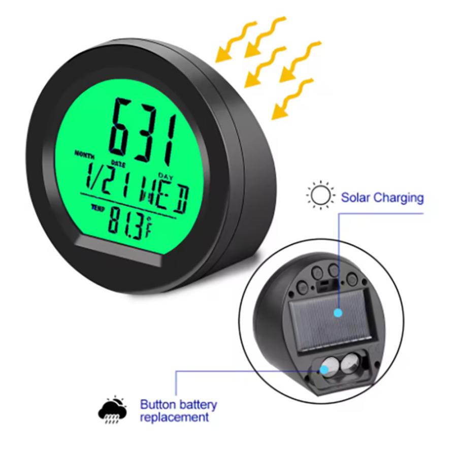 ソーラー充電 デジタルクロック 温度計付き 多機能 卓上時計 車用 カレンダー ボタン電池併用 緑