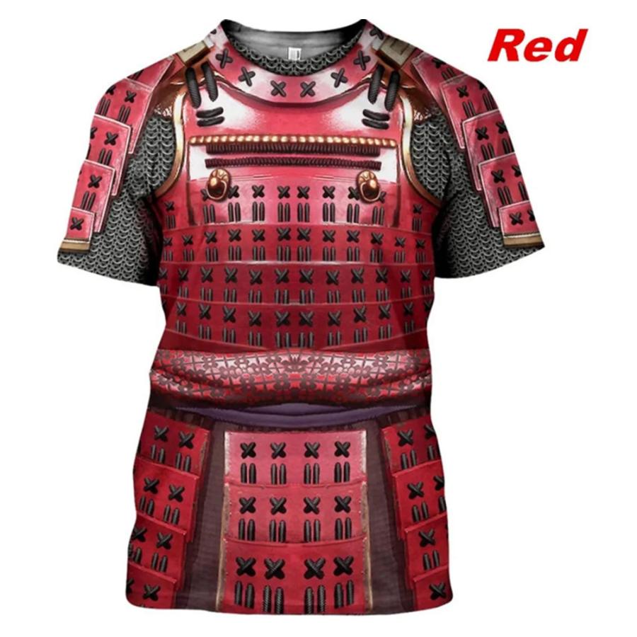 侍 Tシャツ メンズ 半袖 戦国武将 甲冑 3Dプリント 赤 サムライ 真田幸村 井伊直政 コスプレ 赤